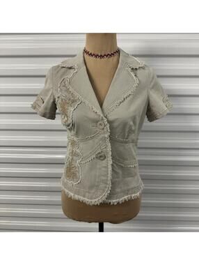 Y2k Tan distressed short sleeve button up mini jacket with frayed hem and collar